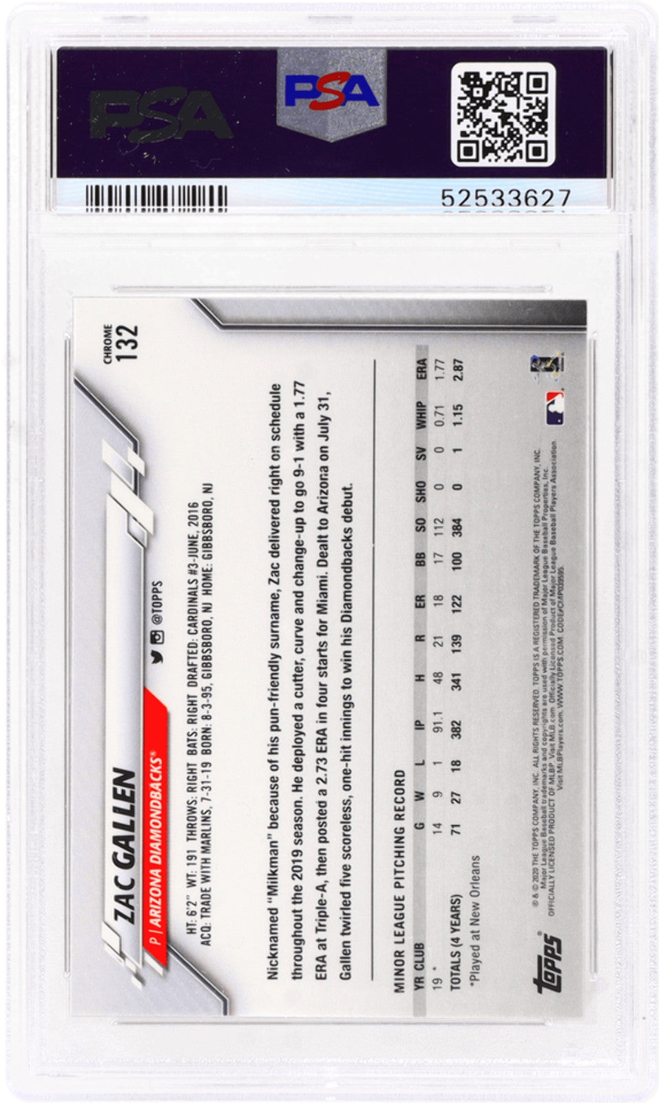Graded 2020 Topps Chrome Zac Gallen #132 Rookie RC Baseball Card PSA 10 Gem Mint