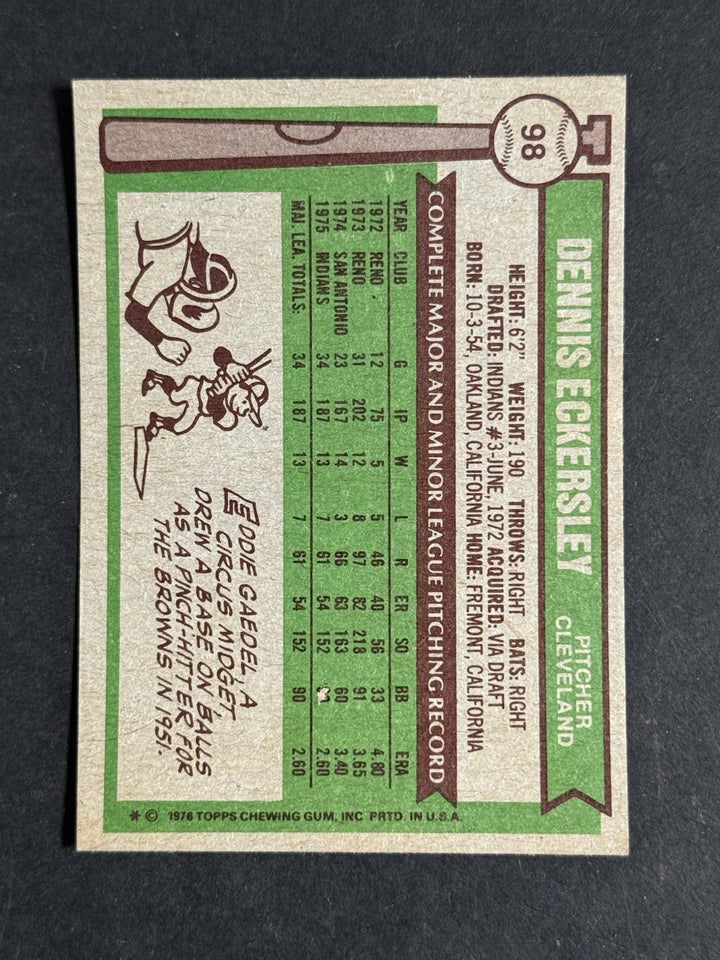 1976 TOPPS #98 DENNIS ECKERSLEY  ROOKIE DEAD CENTERED WOW Near Mint Nm HOF