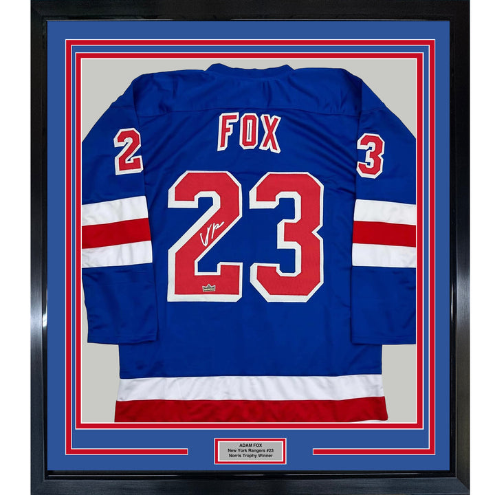 Framed Facsimile Autographed Adam Fox 35x39 New York Blue Reprint Jersey