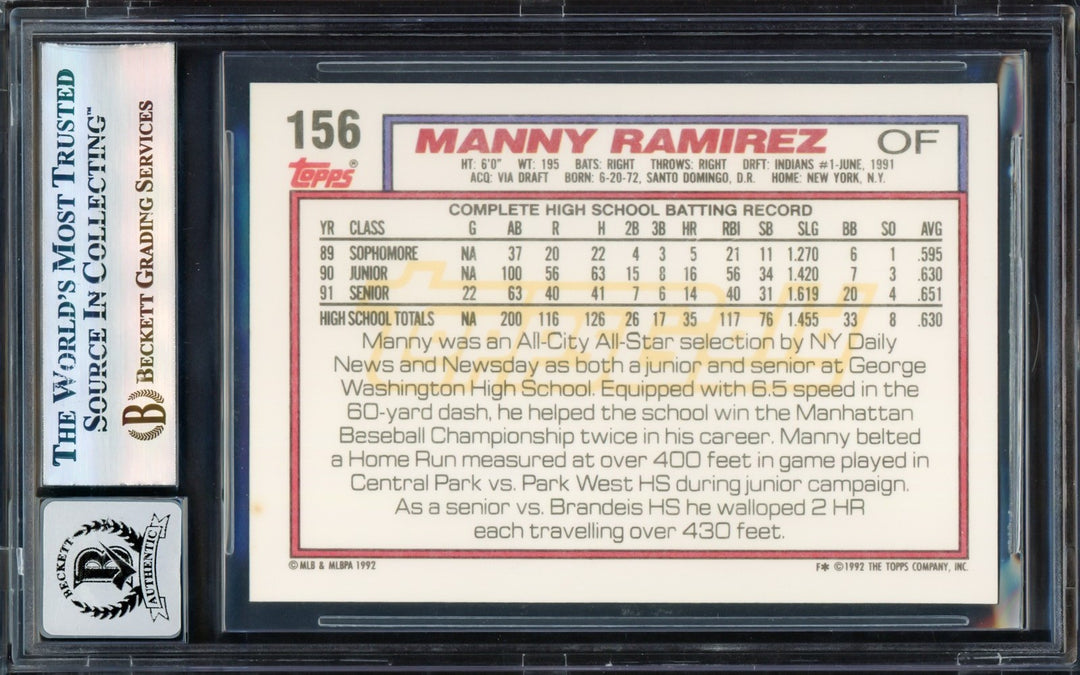 Manny Ramirez Auto 1992 Topps Gold Winners RC 156 Indians Sig 10 Beckett