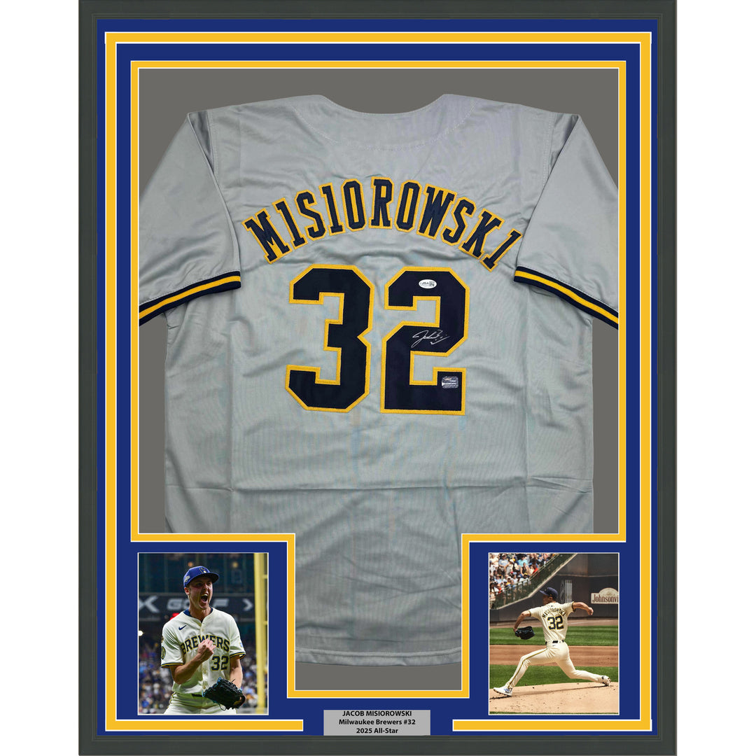 Framed Autographed/Signed Jacob Misiorowski 35x39 Milwaukee Grey Jersey JSA COA
