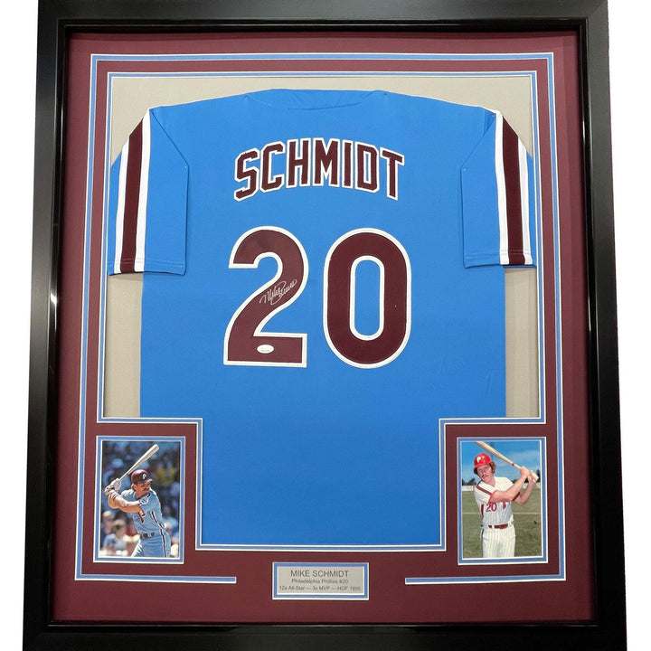 FRAMED Autographed/Signed MIKE SCHMIDT 33x42 Philadelphia Blue Jersey JSA COA