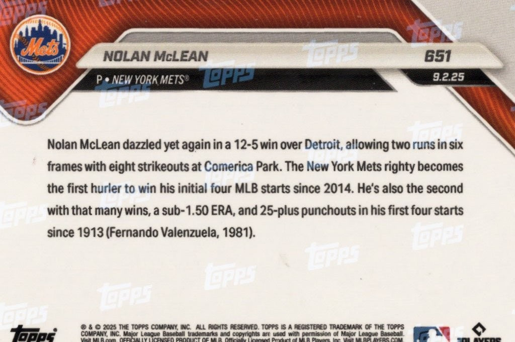2025 Topps Now Nolan McLean #651 Gold Foil /50 New York Mets RC Card