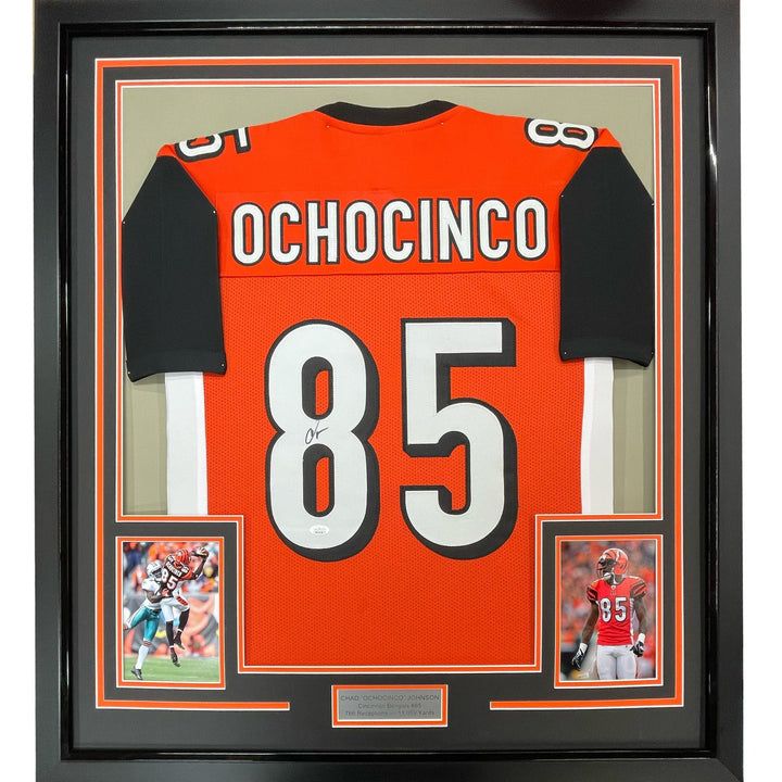Framed Signed Chad Ochocinco (Johnson) 35x39 Orange Jersey JSA COA