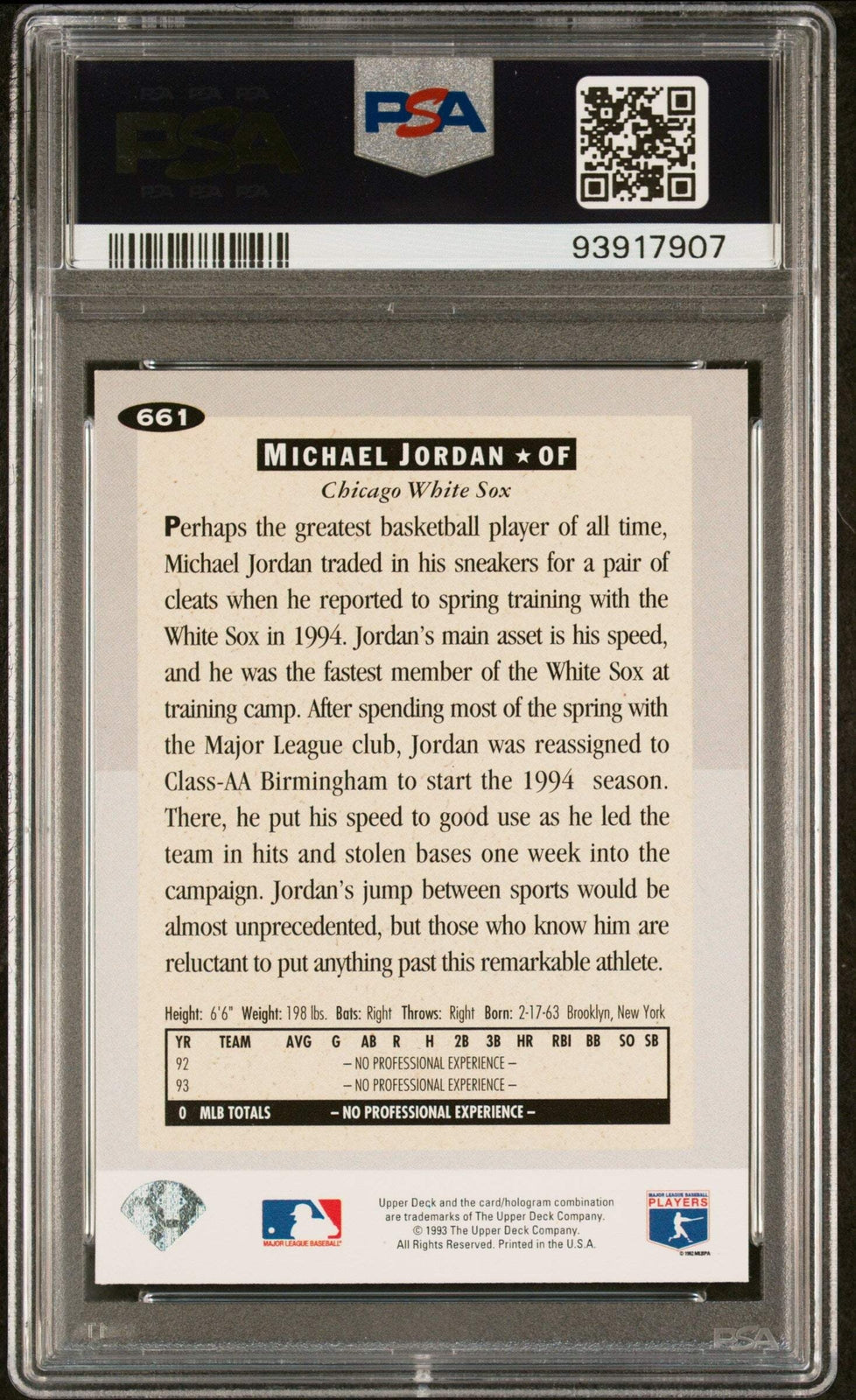 Graded 1994 Collector's Choice Michael Jordan #661 Rookie RC Baseball Card PSA 9