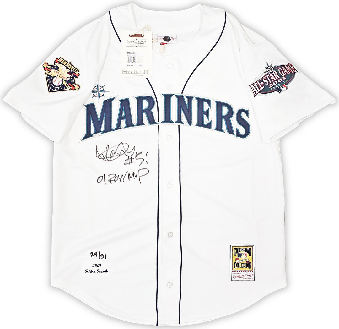 Mariners Ichiro Suzuki Auto White Mitchell Ness 2001 ASG Patch Jersey 44 ROY/MVP