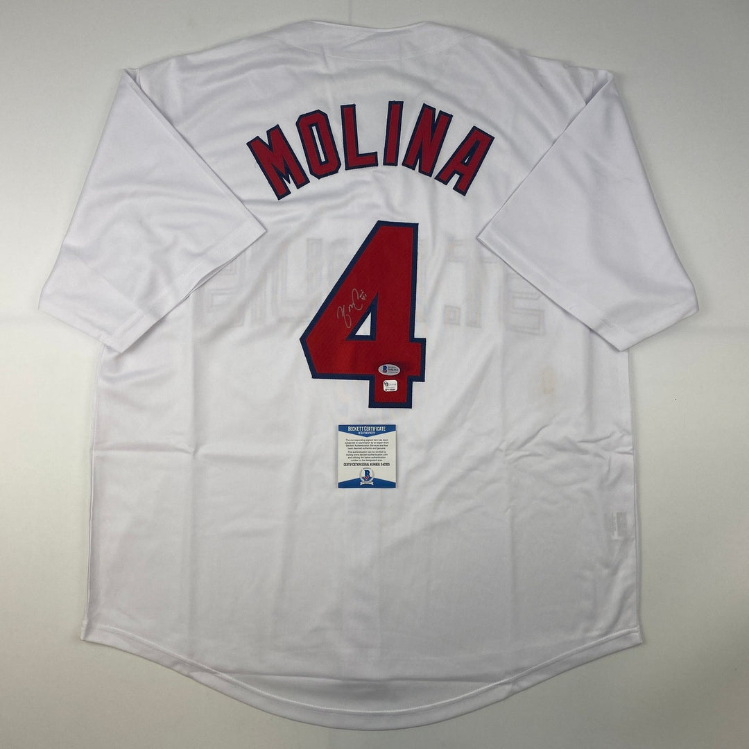 Autographed/Signed Yadier Molina St. Louis White Jersey Beckett BAS COA