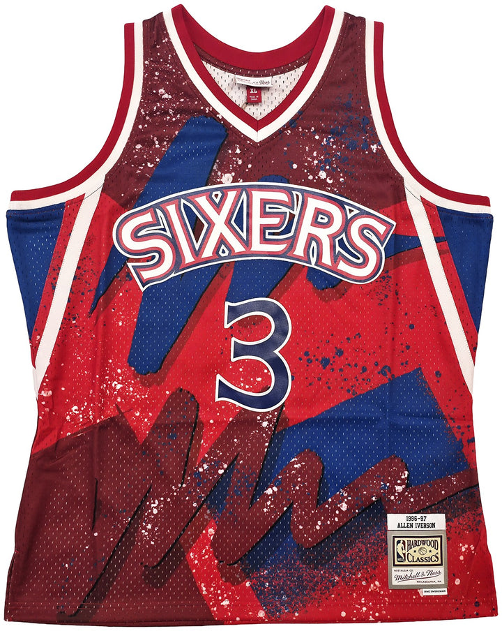 76ers Allen Iverson Auto Red Mitchell Ness 96-97 Swingman Hyper Jersey XL Becket