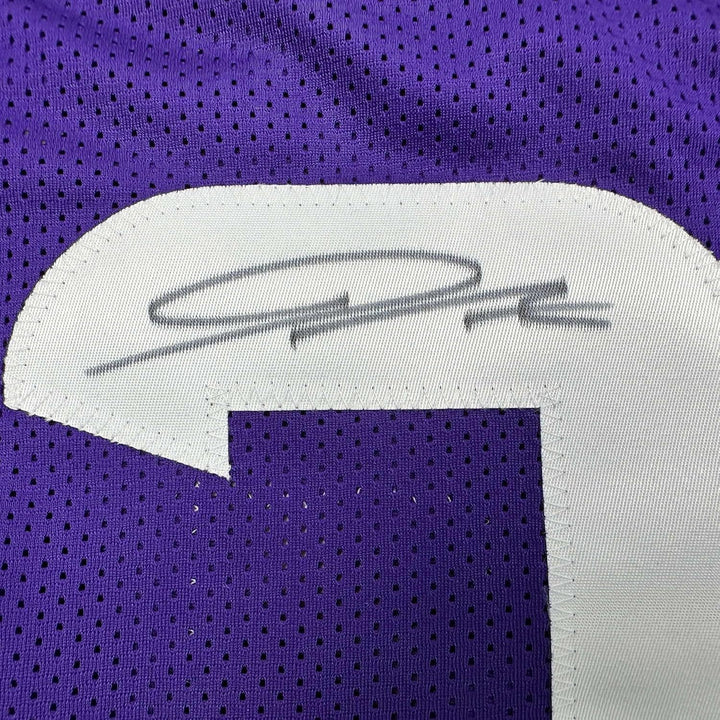 Framed Autographed/Signed Jordan Addison 35x39 Minnesota Purple Jersey JSA COA