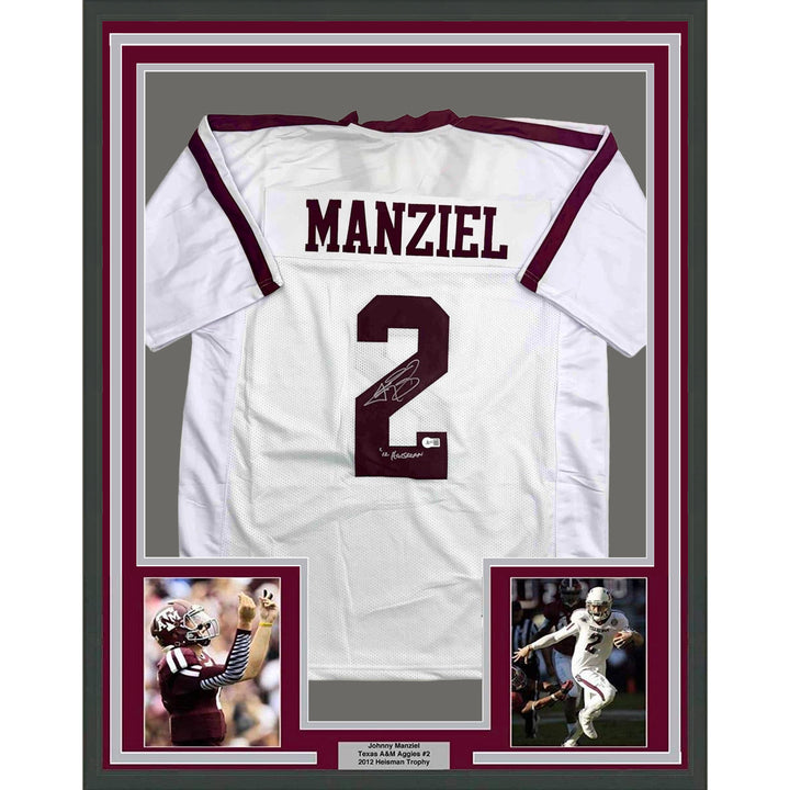 Framed Autographed/Signed Johnny Manziel 12 HT 35x39 A&M White Jersey JSA COA