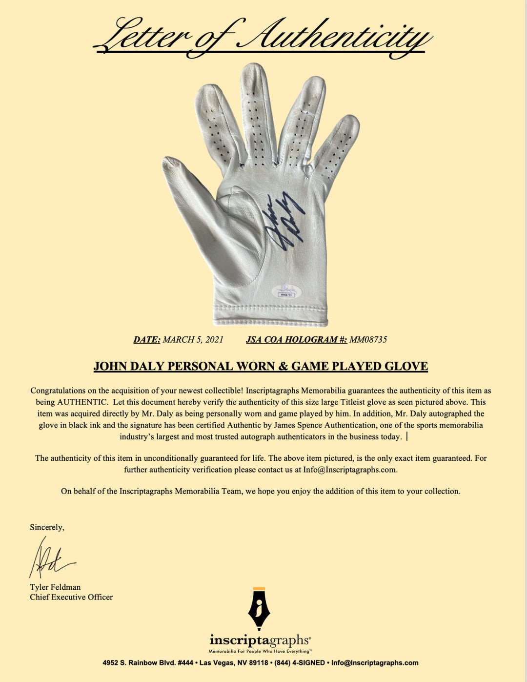 John Daly Signed & Game Played / Worn Golf Glove Framed JSA COA Photo Autograph