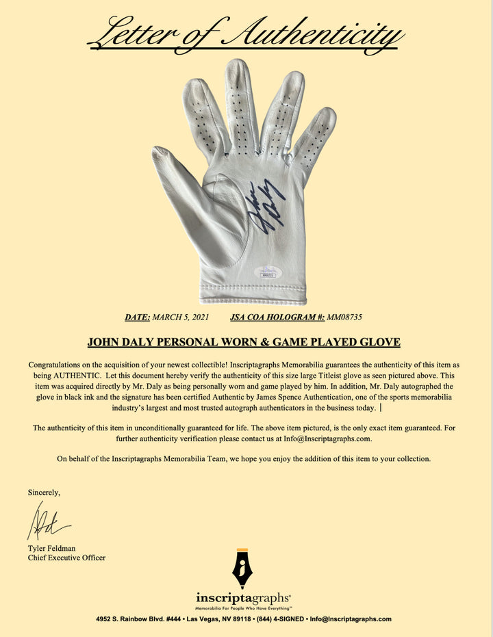 John Daly Signed & Game Played / Worn Golf Glove Framed JSA COA Photo Autograph