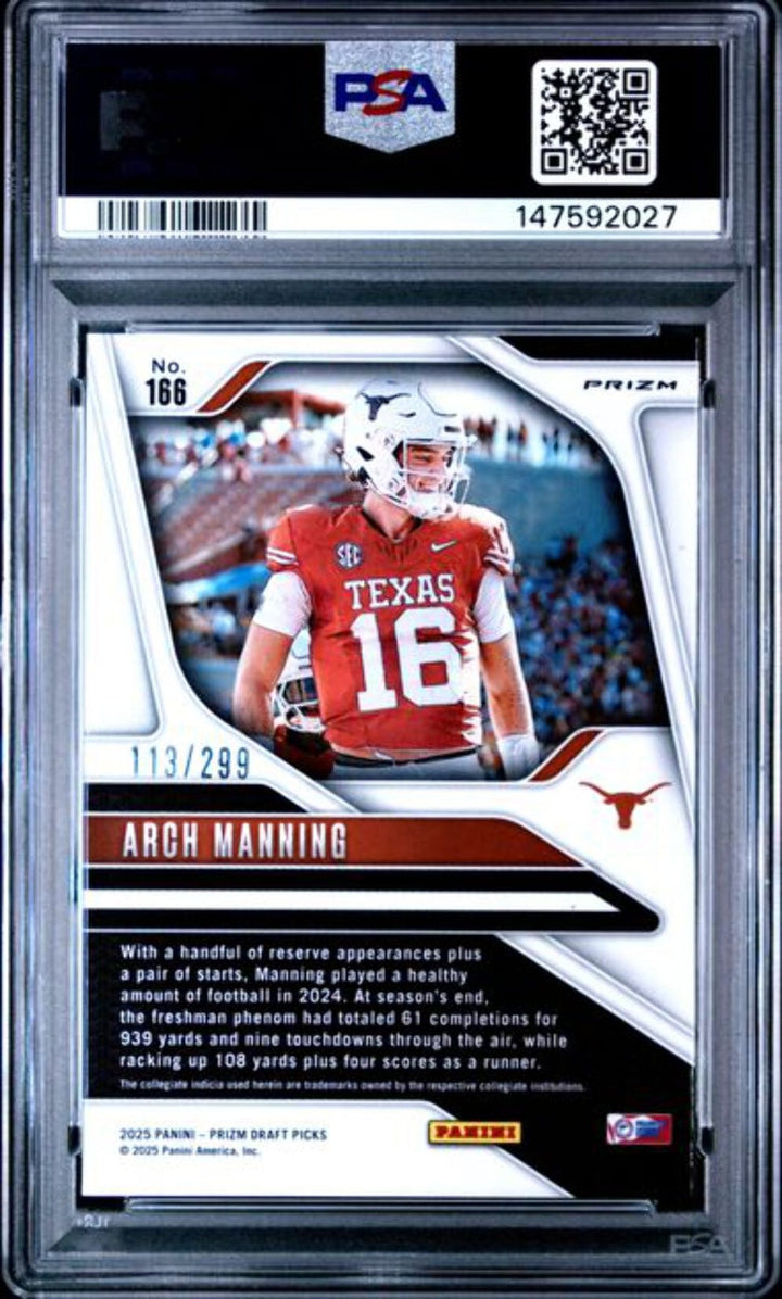 Graded 2025 Panini Prizm DP Arch Manning #166 /299 Blue Wave Rookie Card PSA 9