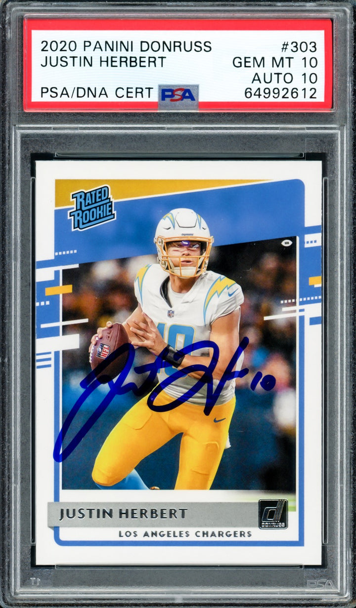 Justin Herbert Signed 2020 Panini Donruss Rated RC 303 PSA 10 Sig 10 PSA/DNA