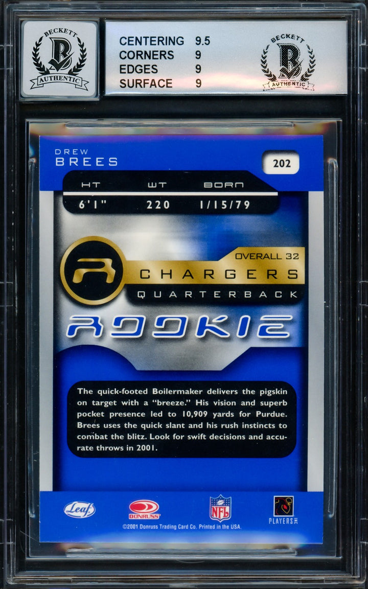 Drew Brees Signed 2001 Quantum Leaf RC 202 Chargers BGS 9 Auto 10 Beckett