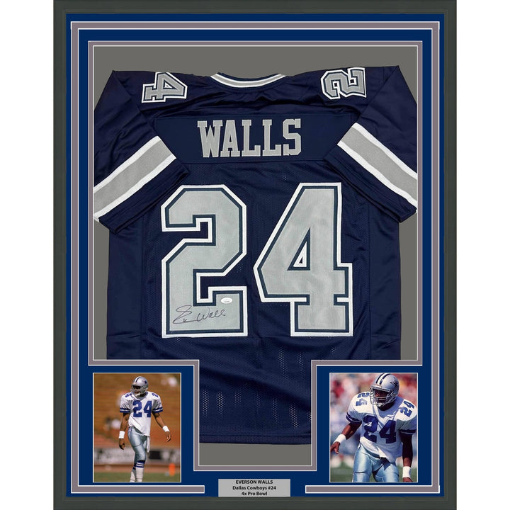 Framed Autographed/Signed Everson Walls 35x39 Dallas Blue Jersey JSA COA
