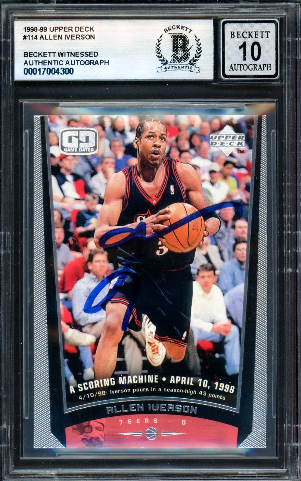 Allen Iverson Auto 1998-99 Upper Deck Card 114 76ers Sig 10 Beckett Wit 17004300