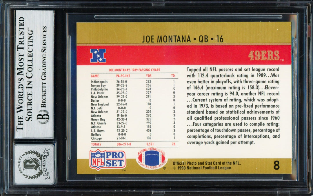 Joe Montana Signed 1990 Pro Set Card 8 San Francisco 49ers Auto GM 10 Beckett