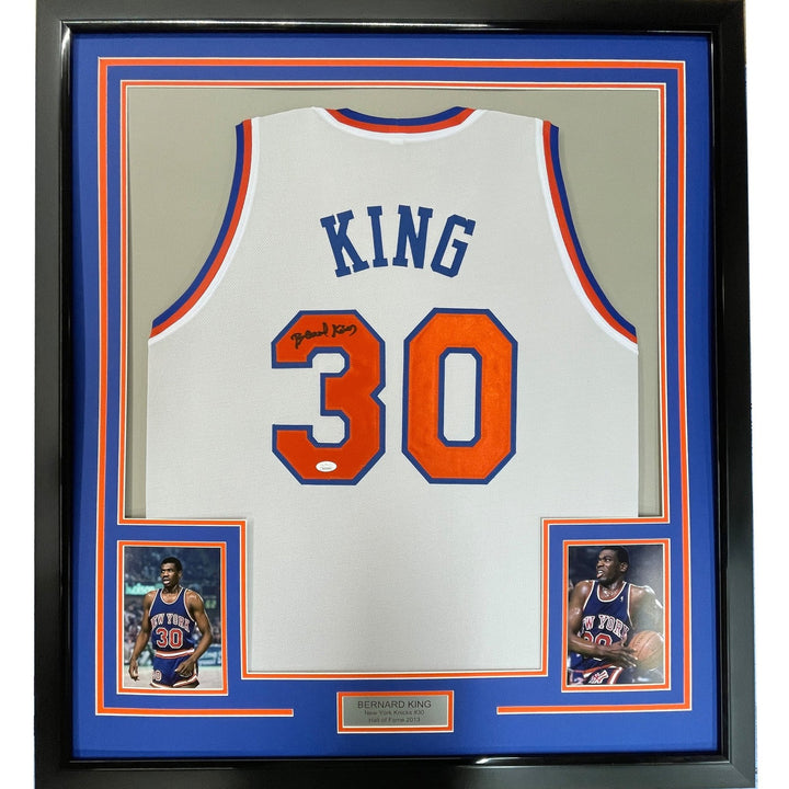 Framed Autographed/Signed Bernard King 33x42 New York White Jersey BAS COA