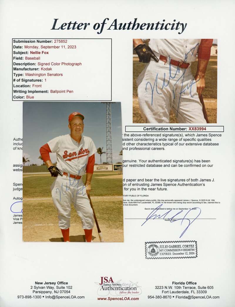 Nellie Fox JSA Coa Signed Photo Autograph