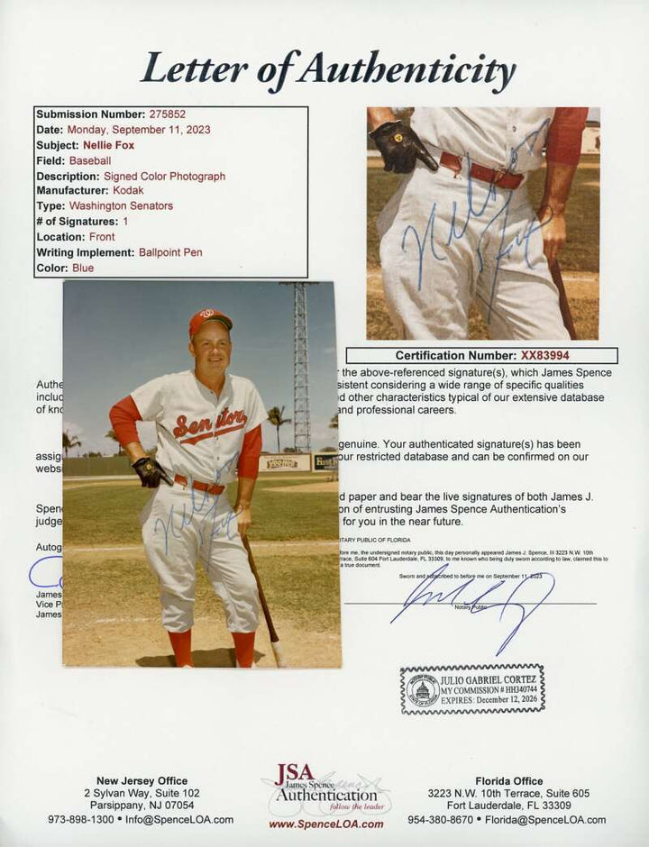 Nellie Fox JSA Coa Signed Photo Autograph