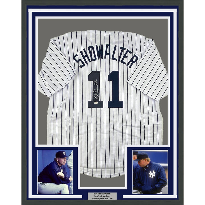 Framed Signed Buck Showalter 35x39 New York Pinstripe Jersey MLB COA