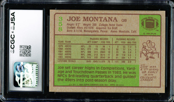 Joe Montana Autographed Signed 1984 Topps Card 358 San Francisco 49ers CGC x JSA