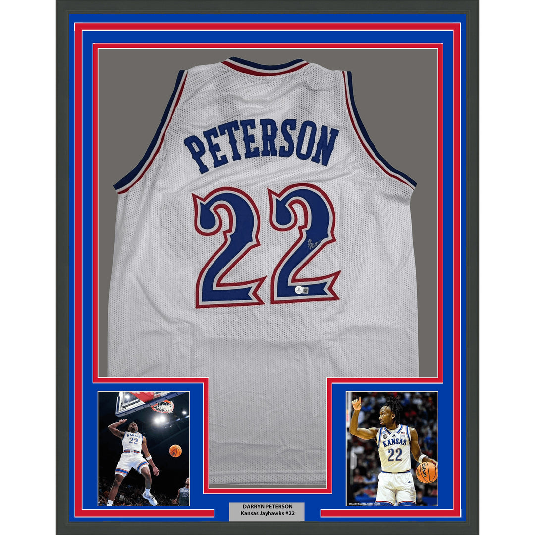 Framed Autographed/Signed Darryn Peterson 35x39 Kansas White Jersey BAS COA