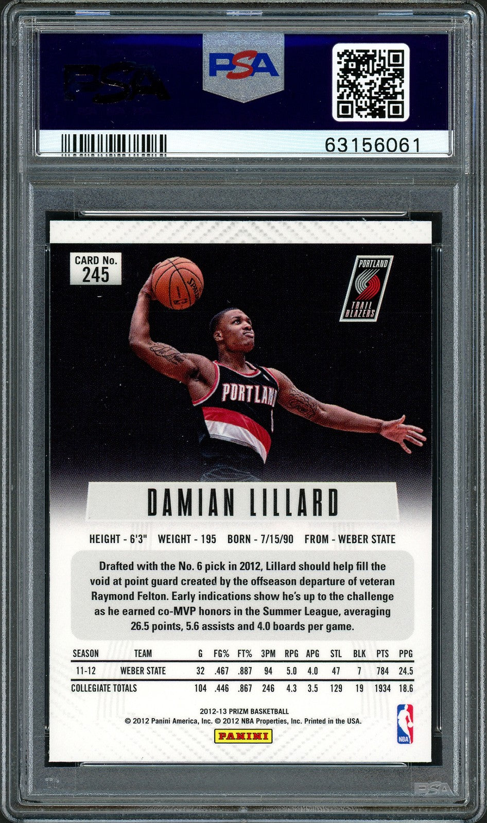 Damian Lillard Signed 2012-13 Panini Prizm RC 245 PSA 9 Sig 10 On Card PSA/DNA