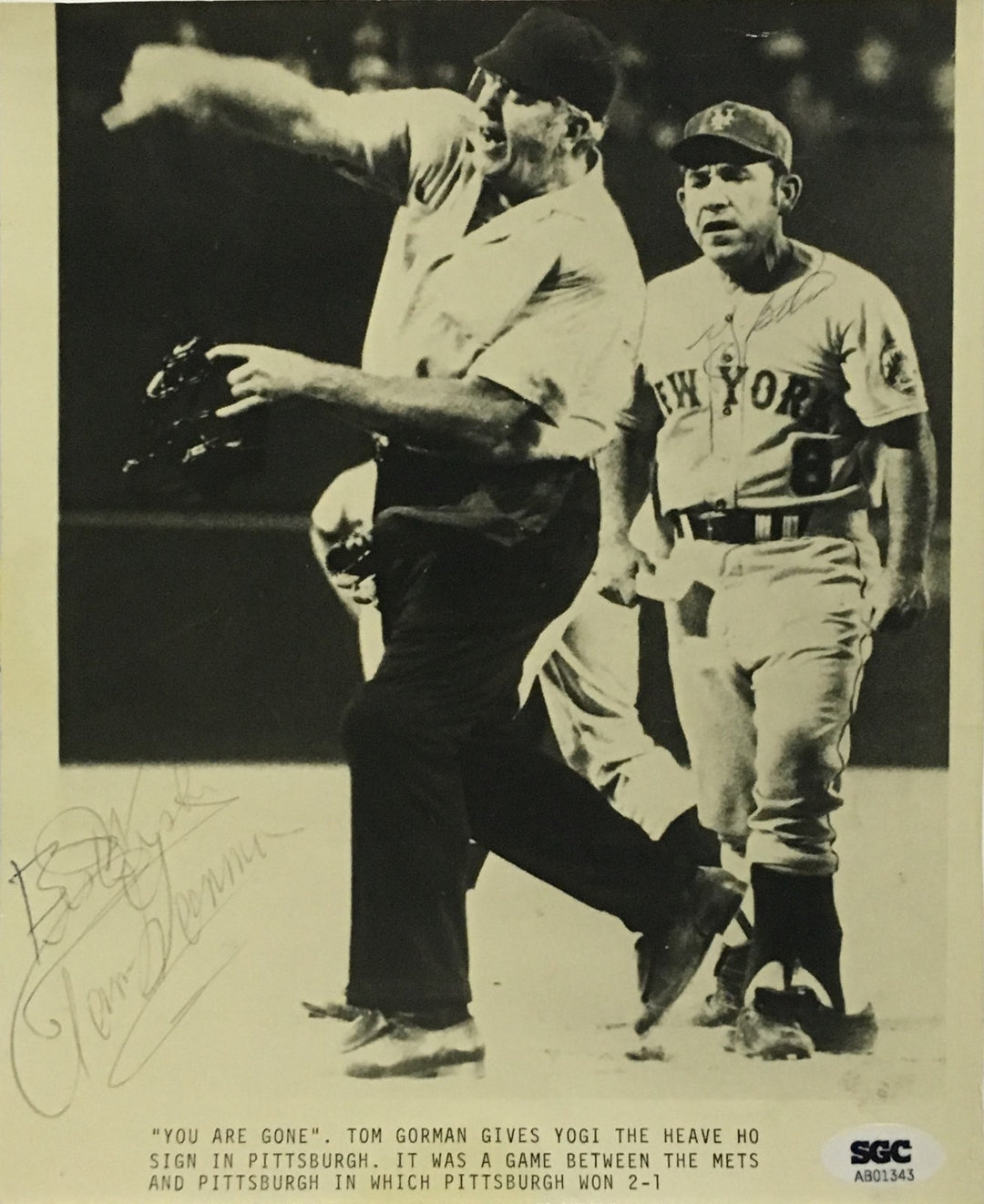 Yogi Berra Tom Gorman dual signed 8x10 original wire photo framed SGC COA 1/1
