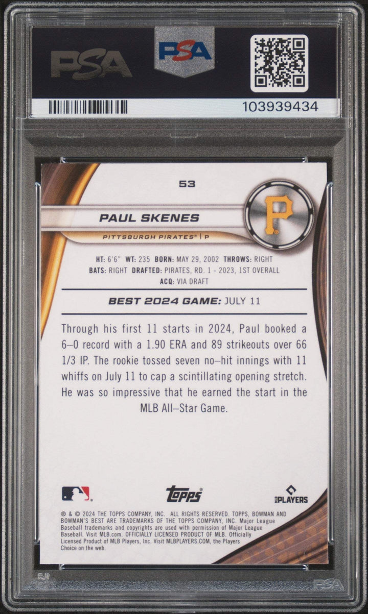 Graded 2024 Topps Bowmans Best Paul Skenes #53 Rookie RC Baseball Card PSA 10