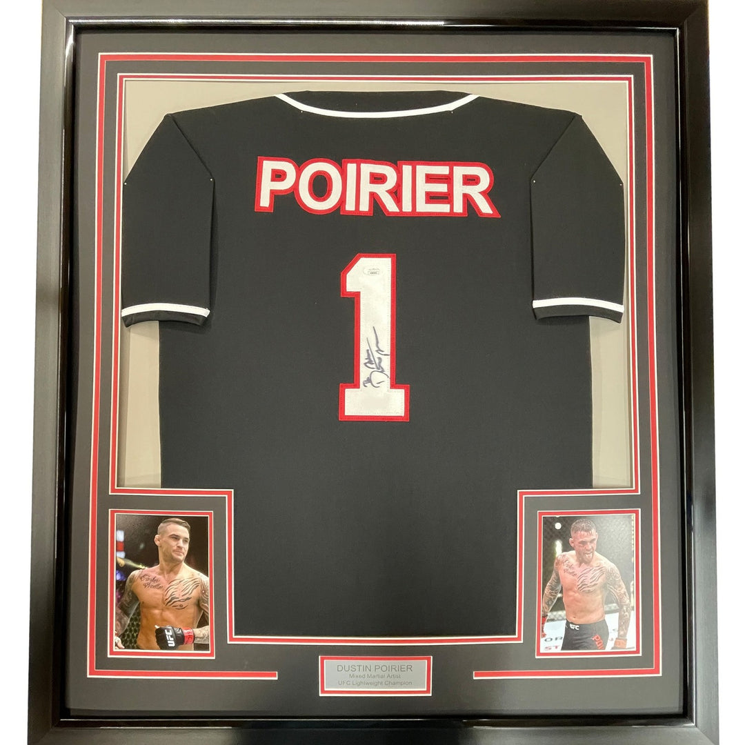 FRAMED Autographed/Signed DUSTIN POIRIER 33x42 UFC Black Jersey PSA/DNA COA