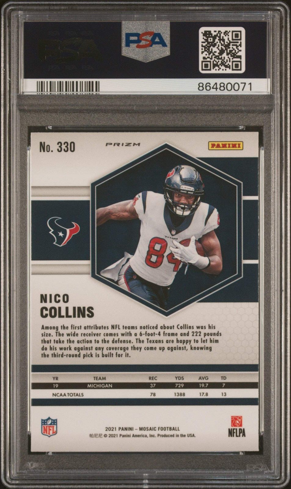 Graded 2021 Panini Mosaic Nico Collins #330 Reactive Blue Football Card PSA 10