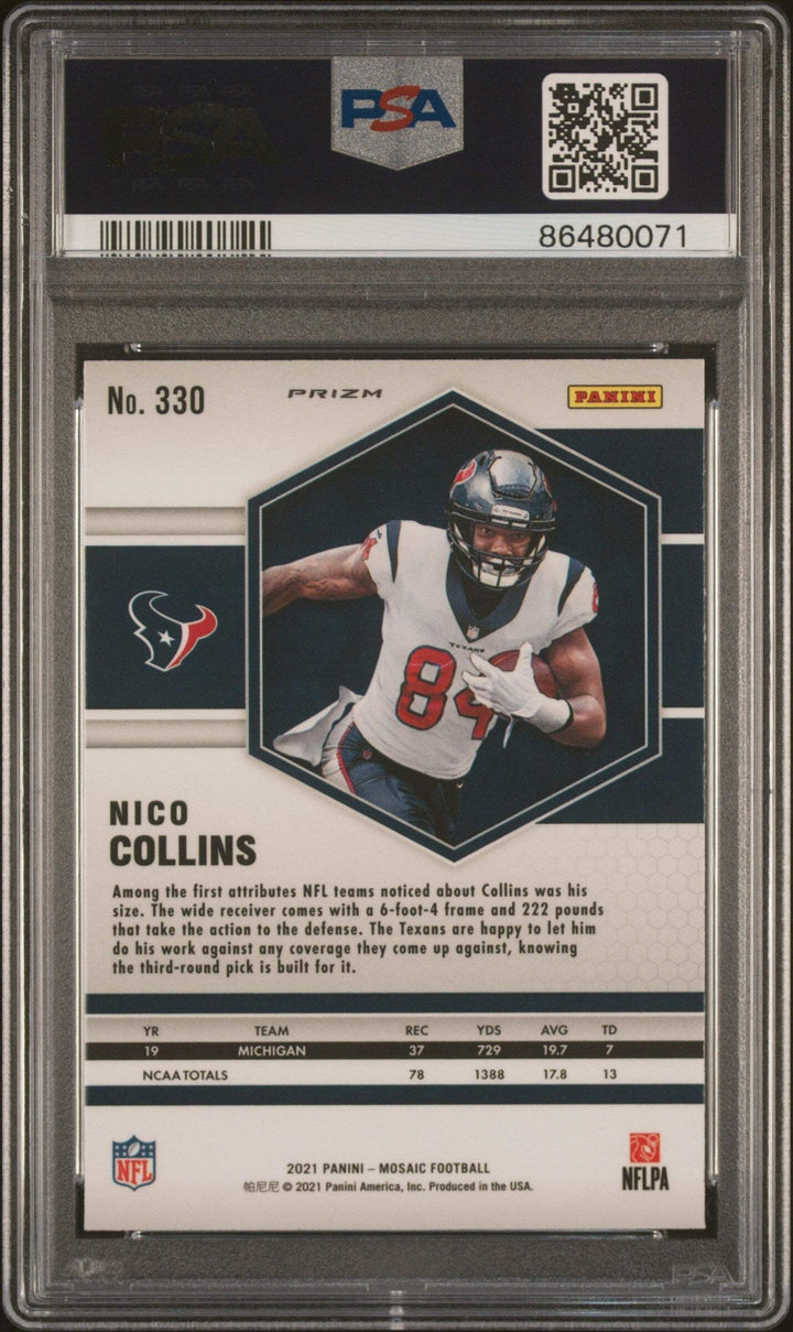 Graded 2021 Panini Mosaic Nico Collins #330 Reactive Blue Football Card PSA 10