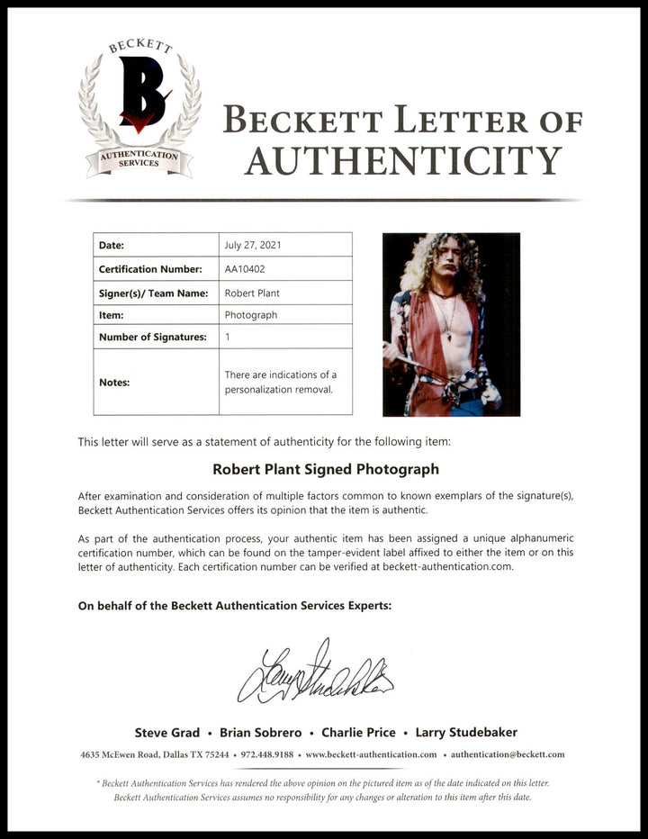 Robert Plant Auto Signed 8x10 Photo Led Zeppelin (Removal) Beckett #AA10402