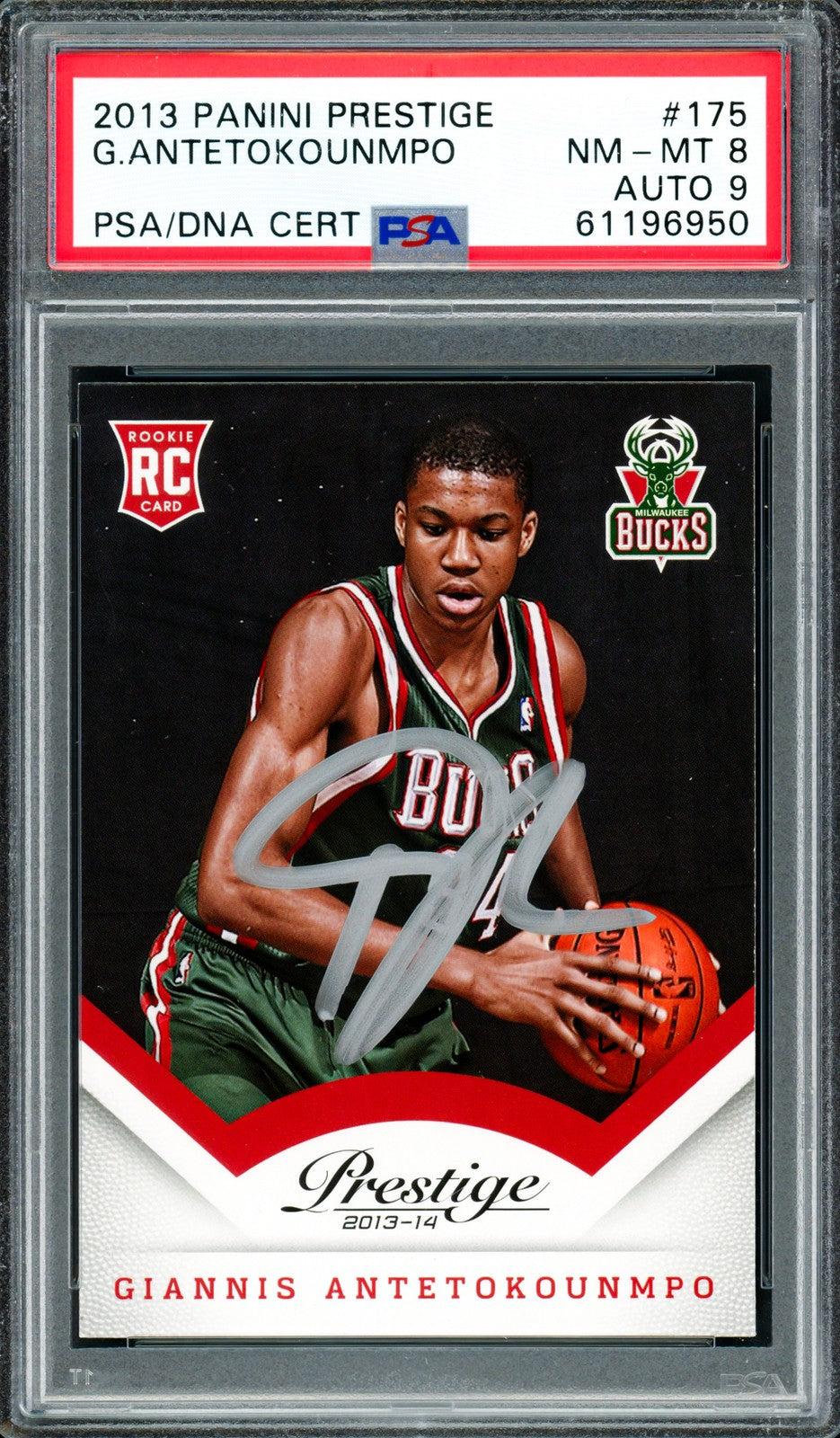 Giannis Antetokounmpo Auto 2013 Panini Prestige RC 175 Bucks PSA 8 Sig 9 PSA/DNA