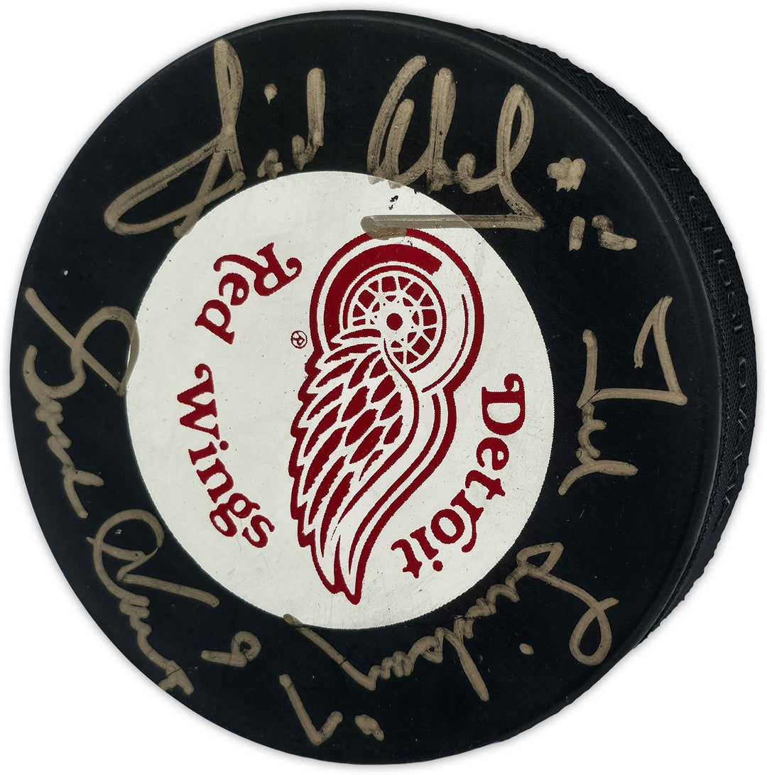 Gordie Howe, Sid Abel, & Ted Lindsay Red Wings Logo Puck Production Auto Beckett