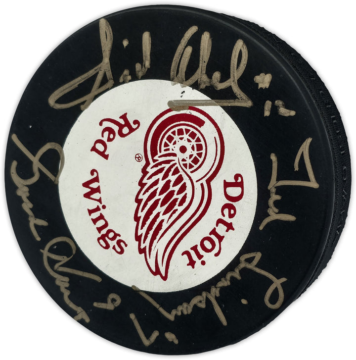 Gordie Howe, Sid Abel, & Ted Lindsay Red Wings Logo Puck Production Auto Beckett