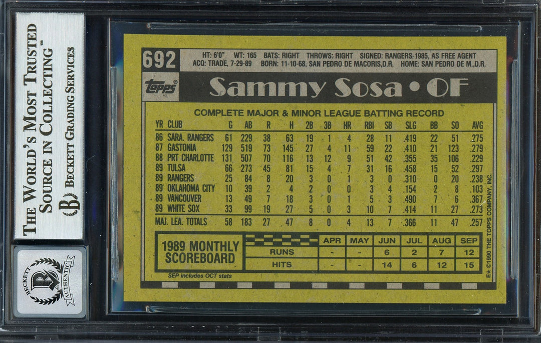 Sammy Sosa Signed 1990 Topps RC #692 Chicago White Sox Auto GM 10 Beckett