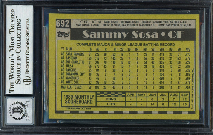 Sammy Sosa Signed 1990 Topps RC #692 Chicago White Sox Auto GM 10 Beckett