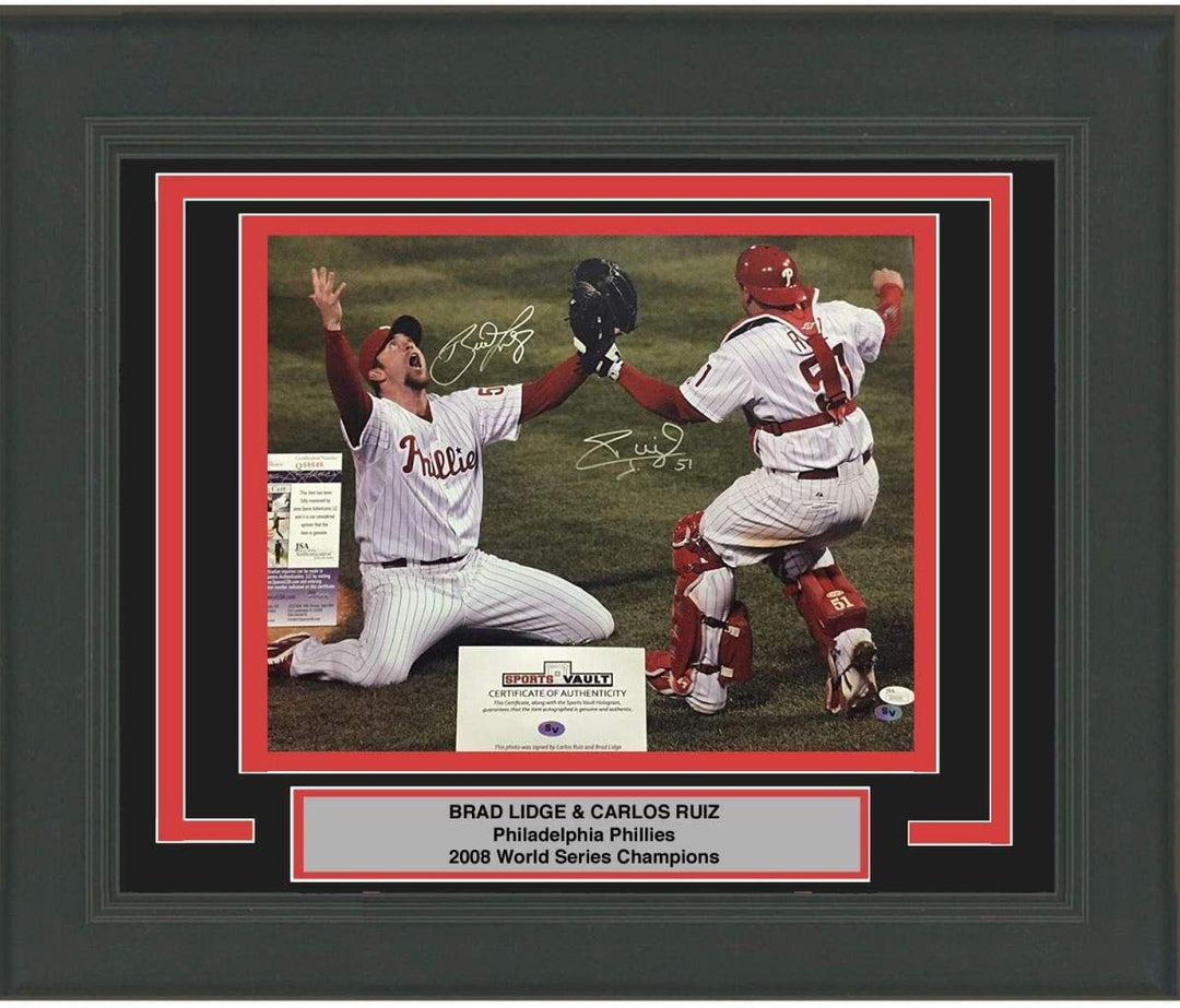 FRAMED Autographed/Signed BRAD LIDGE CARLOS RUIZ 2008 WS 16x20 Photo JSA COA