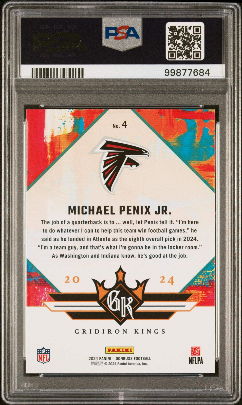 Graded 2024 Donruss Michael Penix Jr #4 Gridiron Kings RC Football Card PSA 10