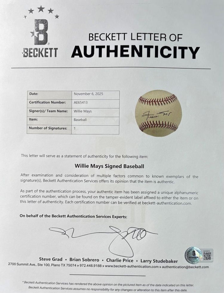 Willie Mays San Francisco Giants Signed Official NL Baseball BAS AE65413
