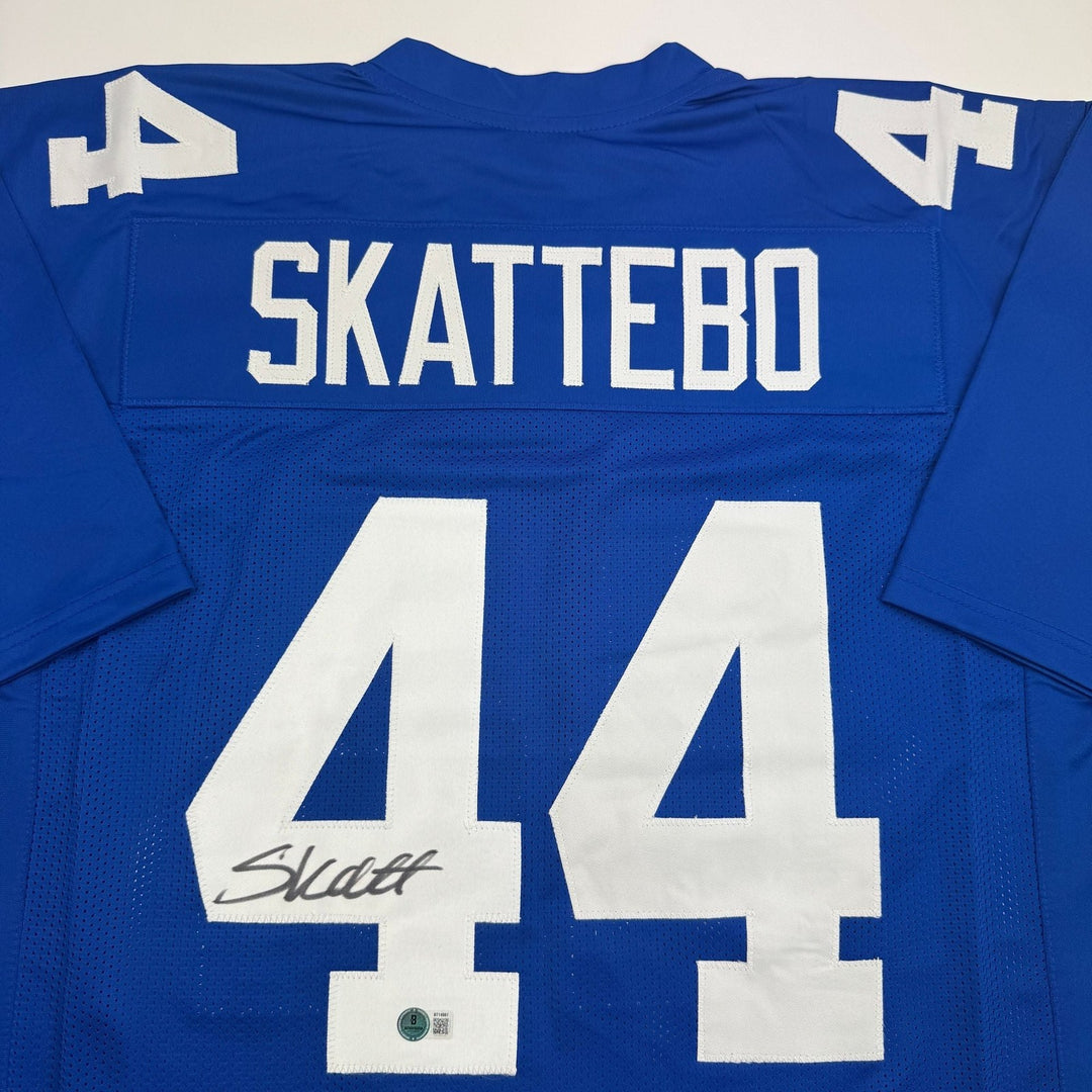 Autographed/Signed Cam Skattebo New York Blue Football Jersey BAS COA