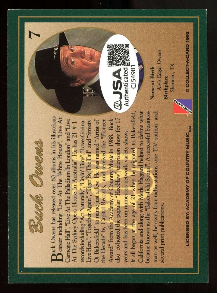 Buck Owens JSA Coa Signed 1992 ACM Country Classics Autograph