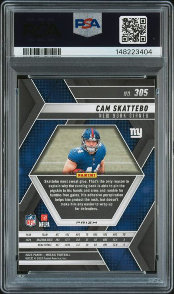 Graded 2025 Panini Mosaic Cam Skattebo #305 Red White Stripe Rookie Card PSA 10