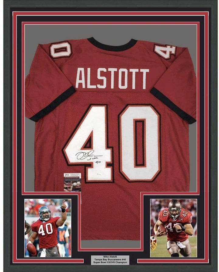 Framed Autographed/Signed Mike Alstott 35x39 Tampa Bay Red Jersey JSA COA
