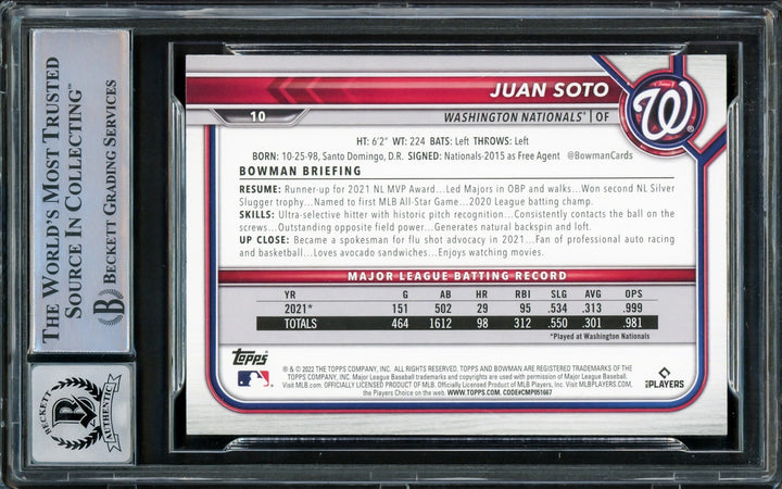 Juan Soto Signed 2022 Bowman Card 10 New York Mets Auto GM 10 Beckett