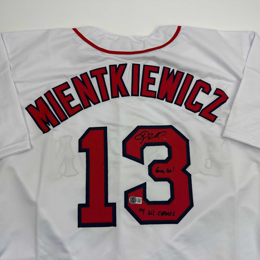Autographed/Signed Doug Mientkiewicz Final Out! Boston White Jersey Beckett COA