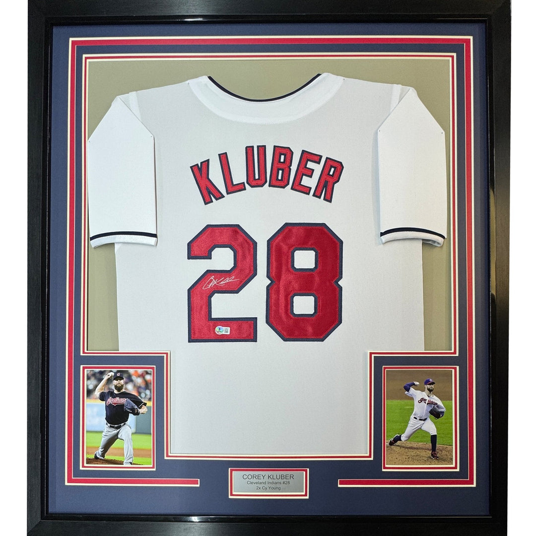 Framed Autographed/Signed Corey Kluber 35x39 Cleveland White Jersey BAS COA
